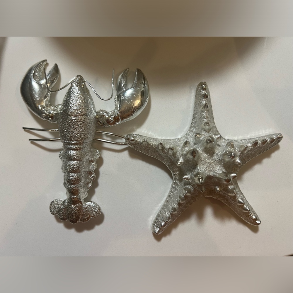 Metallic Silver Lobster & Starfish Coastal Decor Set